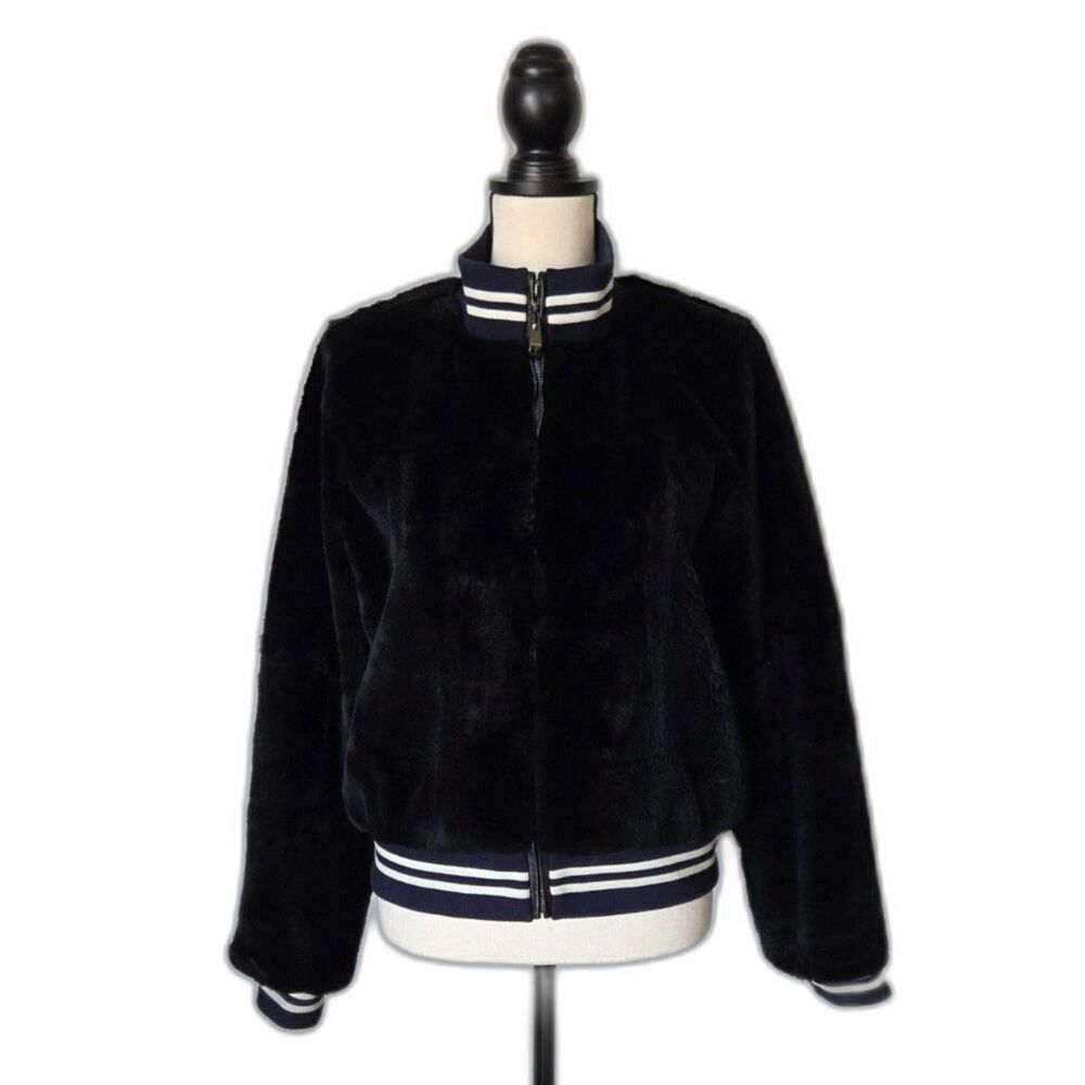 Belle Fare Bomber Jacket Black Real Rex Rabbit Fur Varsity Navy Trim M EUC